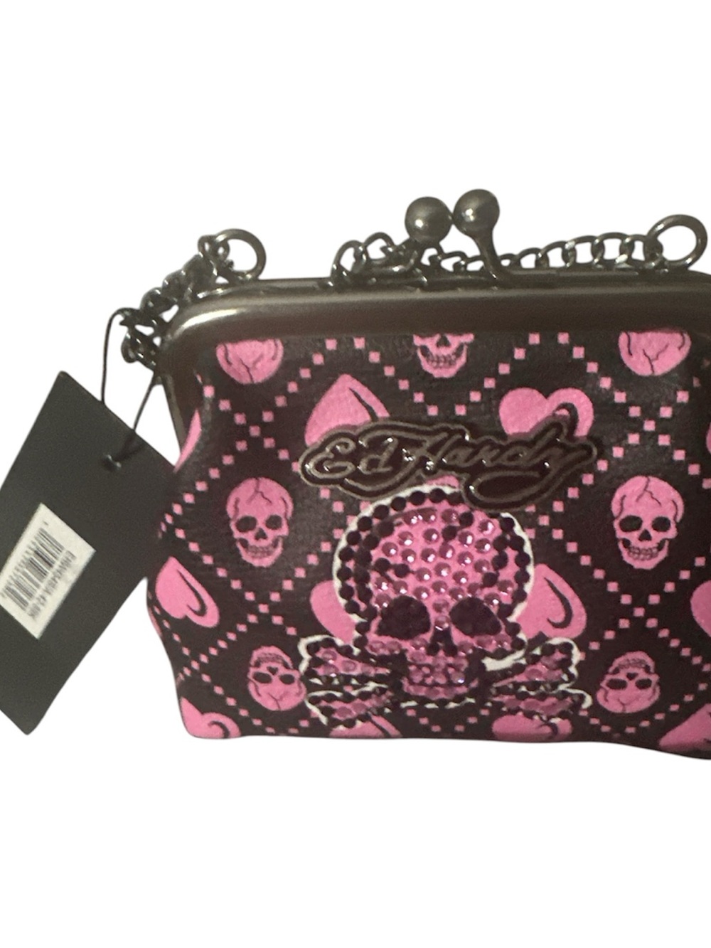 NWT ed Hardy Pink and Black Rhinestone Skull Kiss-Lock Wristlet with gunmetal ac